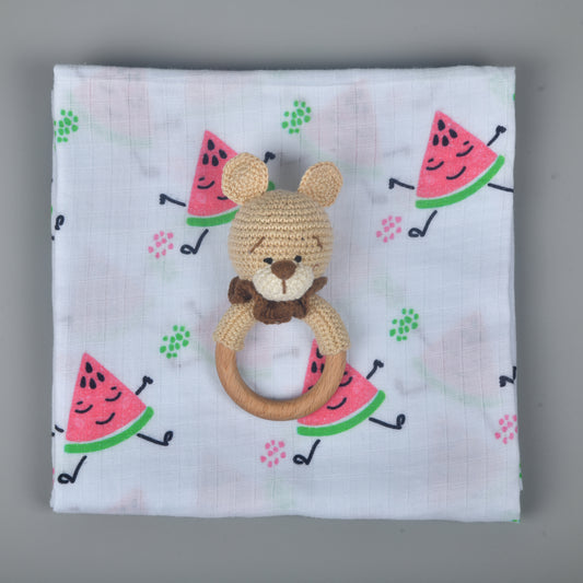 Muslin and Rattle combo - Bear and Melons
