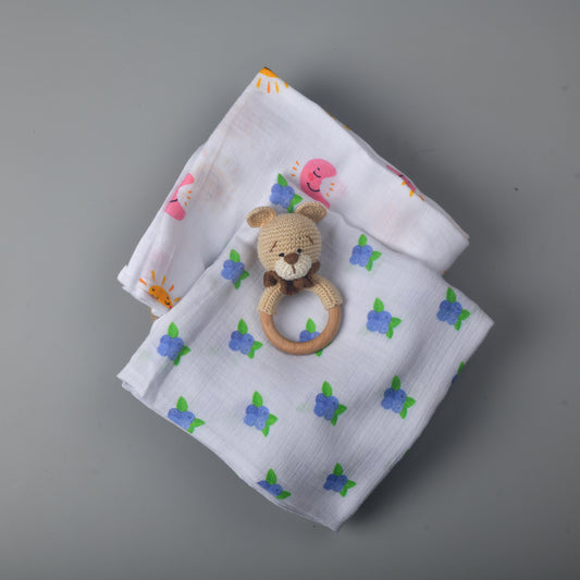 Set of 2 Muslin and Rattle combo - Bear, Berries & Sky