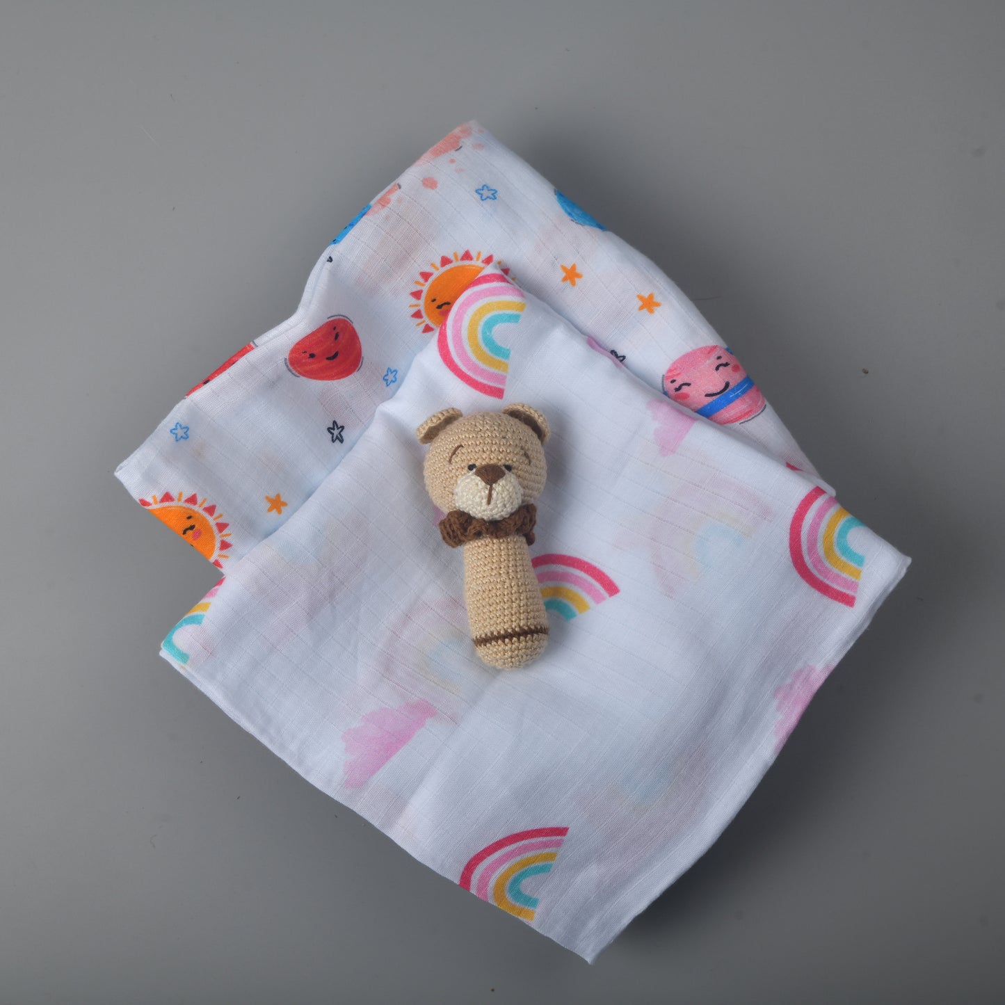 Set of 2 Muslin and Rattle combo - Bear and Planets